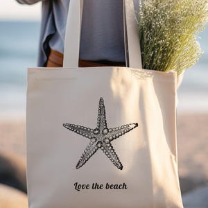 Seestern Liebe der Strand Baumwollsegeltuch-Einkaufstasche, Ozean-Einkaufstasche, Sommer-Strandurlaub-Tasche, Meer-Liebhabergeschenk, gute Stimmungstasche, Strand-Liebhabergeschenk