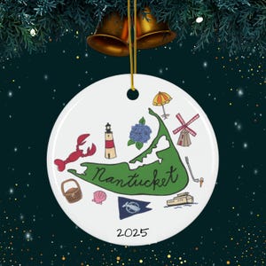 Nantucket Ceramic Ornament, 4 Shapes, Island Christmas Decor, ACK Themed Ornament, Holiday Gift, Vacation Souvenir Ornament, Travel Keepsake