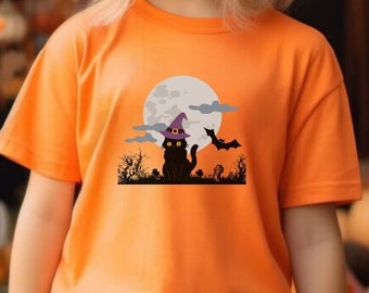 Kids Halloween Cat T-shirt, Spooky graveyard shirt with bat, Cat Witch Tshirt, Halloween night T Shirt, Scary Kids Shirt, Trick or Treat tee