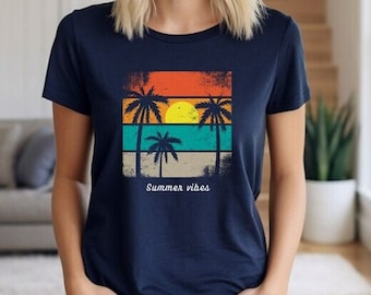 Retro Summer Vibes Unisex T-shirt, Summer Vacation Beach Tee, Tropical Palm Tree Sunset Shirt, Coastal Lifesytle Shirt, Sun Lover Gift