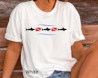 Shark Dive Unisex T-shirt, Summer Vacation Beach Tee, Dive Flag Graphic Tee, SCUBA Diver Gift, Shark Lover tshirt, Ocean Diving Lover Shirt