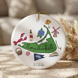 Nantucket Ceramic Ornament, 4 Shapes, Island Christmas Decor, ACK Themed Ornament, Holiday Gift, Vacation Souvenir Ornament, Travel Keepsake