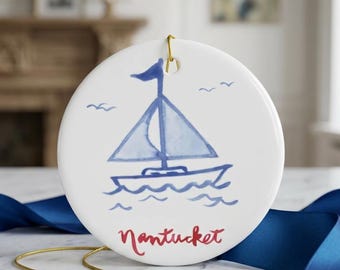 Nantucket Sailboat Ornament: Coastal Christmas Tree Decoration, Watercolor Boat in 4 Shapes, Gift for Sailors