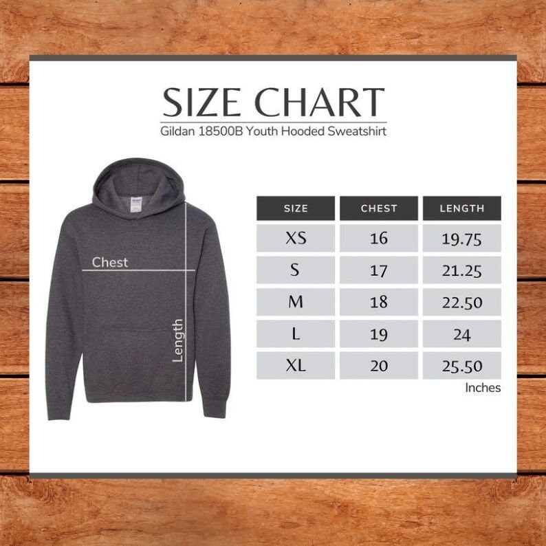 May include: Size chart for a Gildan 18500B Youth Hooded Sweatshirt. The chart shows sizes XS through XL with corresponding chest and length measurements in inches.