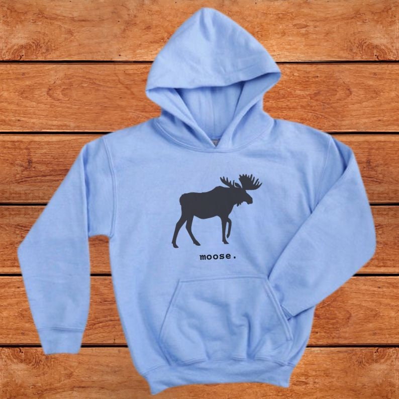 This youth hoodie features a black graphic of a moose with antlers facing to the right. The word moose is in lower case black font below the graphic, followed by a period.