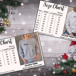 May include: Size chart for Gildan 18000 heavy blend sweatshirt and Gildan 18500 hoodie. The chart shows measurements in inches for sizes S through 5XL. The chart includes width, length, and sleeve length.