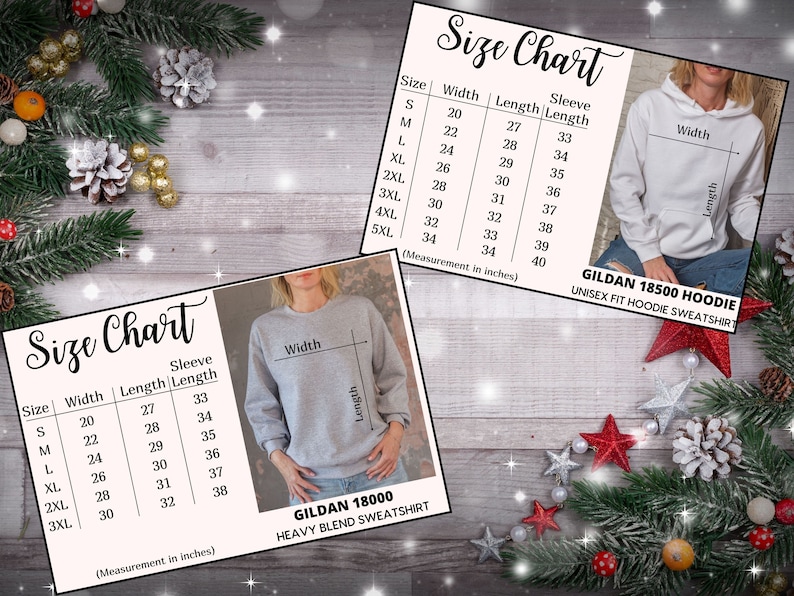 May include: Size chart for Gildan 18000 heavy blend sweatshirt and Gildan 18500 hoodie. The chart shows measurements in inches for sizes S through 5XL. The chart includes width, length, and sleeve length.