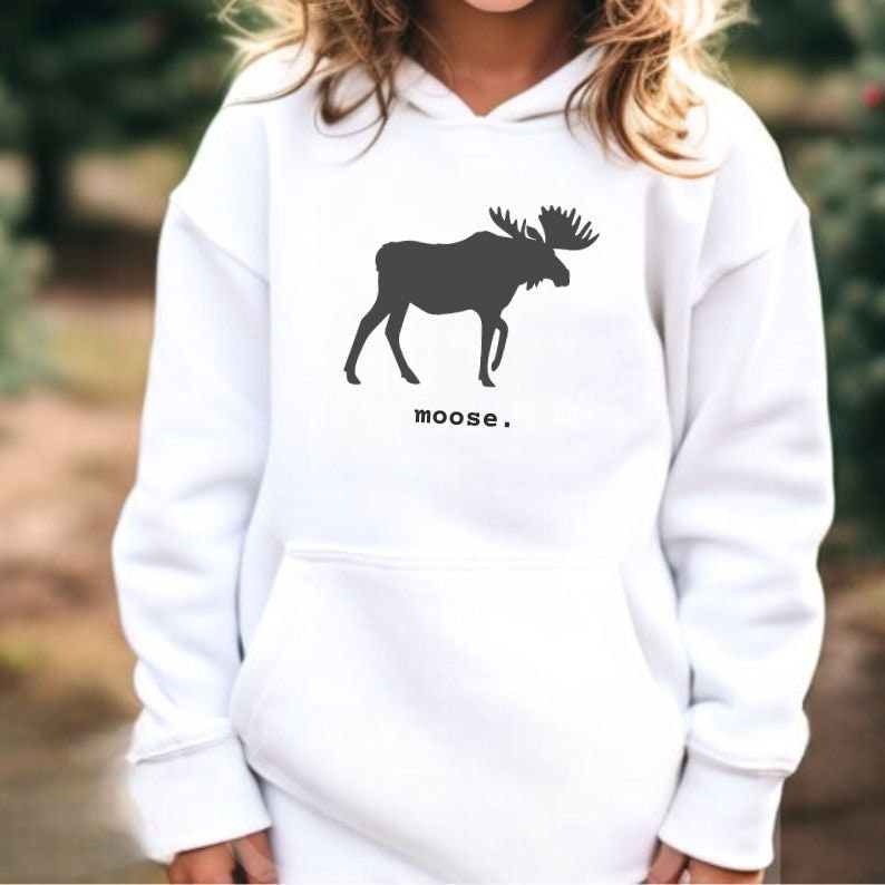 This children's hoodie features a black graphic of a moose with antlers facing to the right. The word moose is in lower case black font below the graphic, followed by a period.