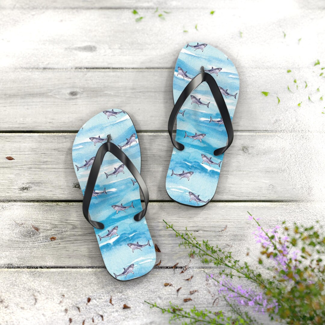 Swimming Shark Light Blue Flip Flops: Summer Footwear for Men & Women ...