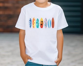 Barn surfbräda-t-shirt, sommarstrandsemestertröja med surfbrädor för barn, present till surfare, present till havsälskare, vintage surfbräda-t-shirt