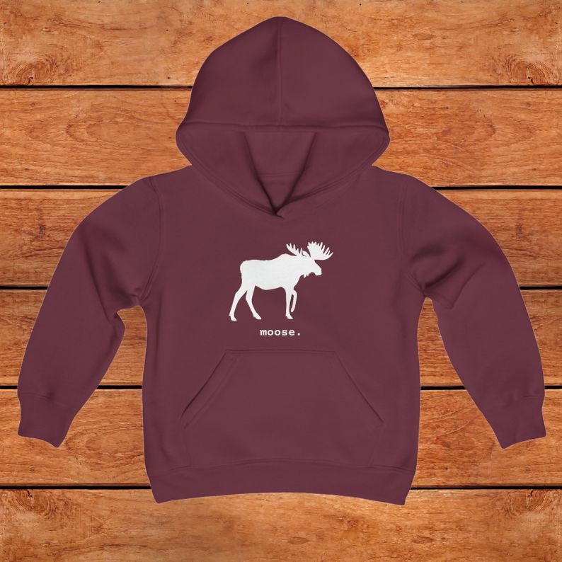 This youth hoodie features a white graphic of a moose with antlers facing to the right. The word moose is in lower case white font below the graphic, followed by a period.