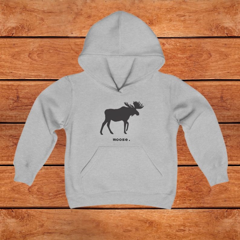 This youth hoodie features a black graphic of a moose with antlers facing to the right. The word moose is in lower case black font below the graphic, followed by a period.
