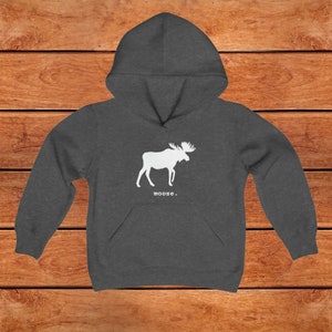 This youth hoodie features a white graphic of a moose with antlers facing to the right. The word moose is in lower case white font below the graphic, followed by a period.