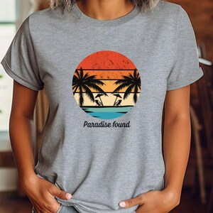 Paradise Found Retro Sunset Beach Unisex T-shirt, Tropical Summer Vacation Tee, Palm Tree Shirt, Coastal Palm Graphic Shirt, Sun Lover Gift
