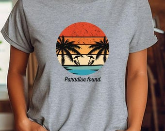 Paradise Found Retro Sunset Beach Unisex T-shirt, Tropical Summer Vacation Tee, Palm Tree Shirt, Coastal Palm Graphic Shirt, Sun Lover Gift