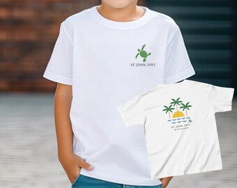 Kids St. John USVI Tshirt, Tropical Beach Turtle Shirt, Island Vacation Tee, Sea Turtle Travel Gift, Palm Tree Sunset Shirt, Maho Bay Shirt