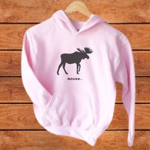 This youth hoodie features a black graphic of a moose with antlers facing to the right. The word moose is in lower case black font below the graphic, followed by a period.
