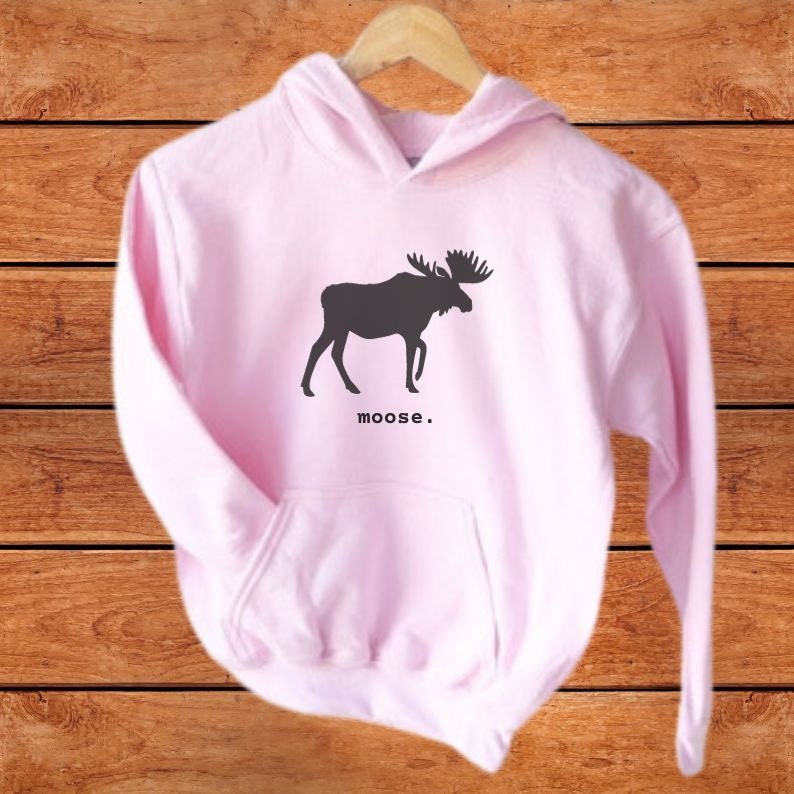 This youth hoodie features a black graphic of a moose with antlers facing to the right. The word moose is in lower case black font below the graphic, followed by a period.