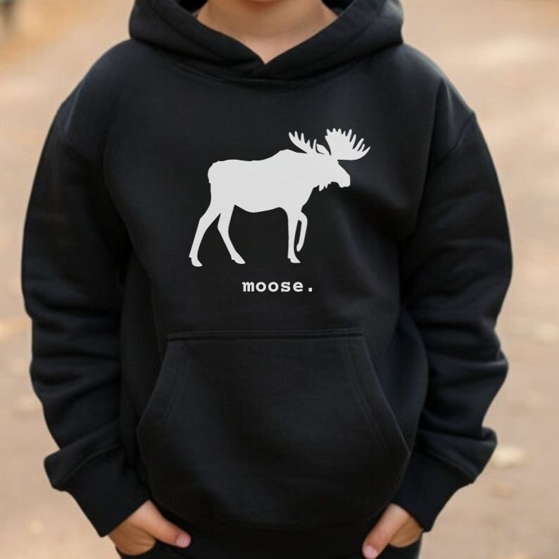 This youth hoodie features a white graphic of a moose with antlers facing to the right. The word moose is in lower case white font below the graphic, followed by a period.
