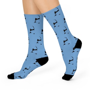 Peut inclure: Une paire de chaussettes bleues avec un motif répété noir de la silhouette d'un État ou d'une île. Les chaussettes sont montrées sur les pieds d'un mannequin.
