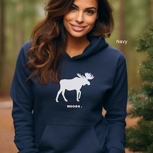 Adult unisex hooded sweatshirt with a graphic of a moose profile above the word moose in lower case font, followed by a period. Shown in Navy.
