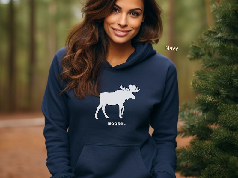 Adult unisex hooded sweatshirt with a graphic of a moose profile above the word moose in lower case font, followed by a period. Shown in Navy.