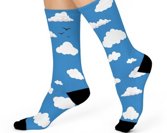 Cloud Cushioned Crew Socks, Mens/Womens Novelty Socks, Meteorologist Gift, Blue Sky, Happy Feel Good Socks, Weather Bug Cloud Pattern Socks