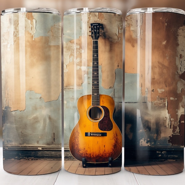 Vintage Acoustic Guitar Tumbler wrap png, 20oz skinny straw cup, straight sublimation design template, digital download file, commercial use