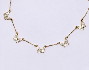 Butterfly crew necklace with butterflies set with white stones, butterfly necklace