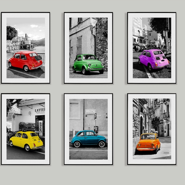 Fiat 500 posters vitage classic black and white, Italian vibrant color wall frames,  print set, original art print, Digital download Active