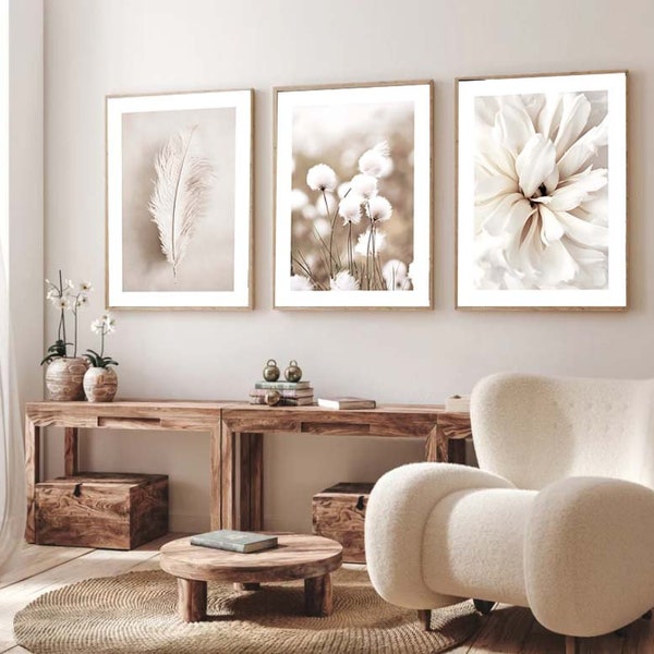 3er-Set Fotografie einer Feder, Wollgras, weiße, cremebraune Blütenblätter zum ausdrucken, minimalistische Wandkunst