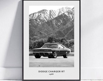 Dodge Charger RT 1968, American Muscle Cars Print, Digital Download,  Black and White Vintage Wall Art, Classic Car Art, Photo gifts, Car