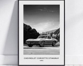 Chevrolet Corvette Stingray 1963, American Muscle Cars Print, Digital Download, Black & White Vintage Wall Art, Classic Car Art, Photo gifts