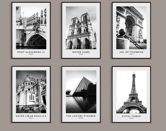Paris, Set of 6 printable black and white photos, gallery wall frames, architecture print set, original art, Digital download, Travel Gift