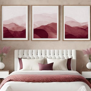 Set of 3, Red Burgundy Marron salmon Pink , Abstract Watercolor Wall Art Blus , gallery wall, Wall Art Blush Wall Art Watercolour style image 1