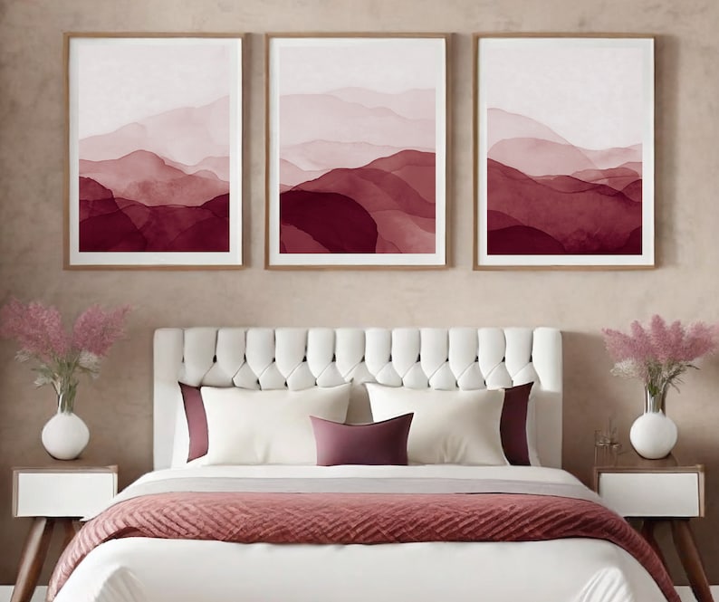 Set of 3, Red Burgundy Marron salmon Pink , Abstract Watercolor Wall Art Blus , gallery wall, Wall Art Blush Wall Art Watercolour style image 1