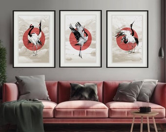 Japanese Red-crowned crane Set of 3, Vintage style , Printable Wall Art, Digital Download Asian Decor, Japanese Gift, Floral Wall Art