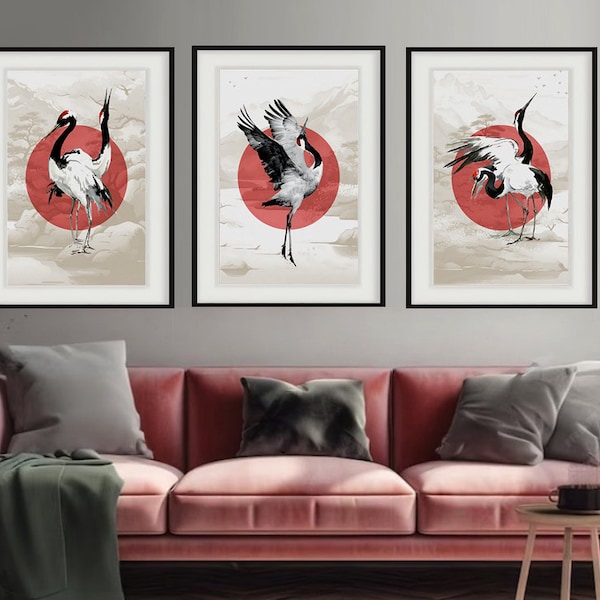 Japanese Red-crowned crane Set of 3, Vintage style , Printable Wall Art, Digital Download Asian Decor, Japanese Gift, Floral Wall Art