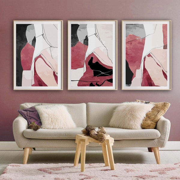 REd Black Pink Cream, Abstract printable art prints set of 3, Minimalist Gallery wall set, 3 piece downloadable wall art, Modern wall art