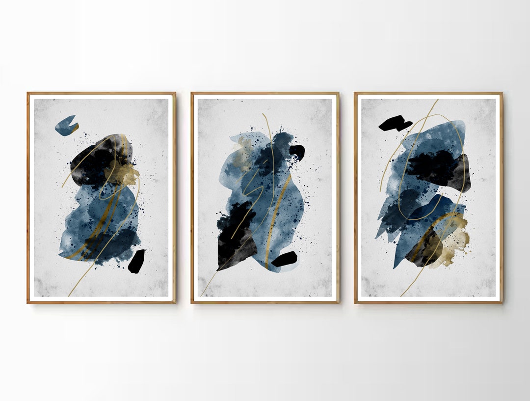 Blue Black Gold, Abstract Printable Art Prints Set of 3, Minimalist ...