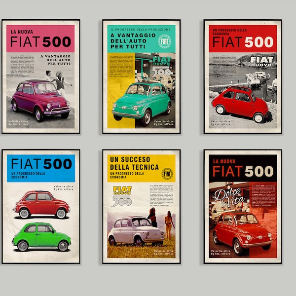 Fiat 500 Advert Style, 6 Vintage classic car posters,  print set, original art print, Digital download vibrant color wall frames