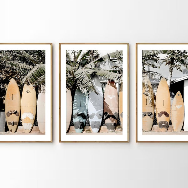 California Surfboard Wall Art Set of 3, Coastal Decor, Surf Print Surfing Poster Tropical Landscape Print California Poster Beach Printable