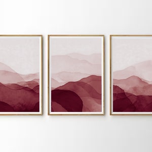 Set of 3, Red Burgundy Marron salmon Pink , Abstract Watercolor Wall Art Blus , gallery wall, Wall Art Blush Wall Art Watercolour style image 2