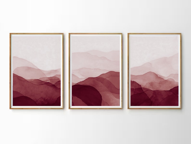 Set of 3, Red Burgundy Marron salmon Pink , Abstract Watercolor Wall Art Blus , gallery wall, Wall Art Blush Wall Art Watercolour style zdjęcie 4