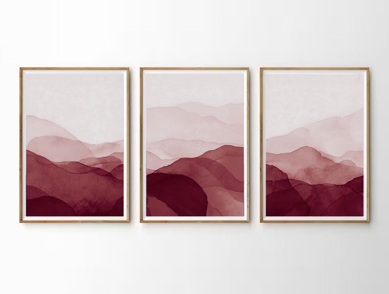 Set of 3, Red Burgundy Marron salmon Pink , Abstract Watercolor Wall Art Blus , gallery wall, Wall Art Blush Wall Art Watercolour style image 2