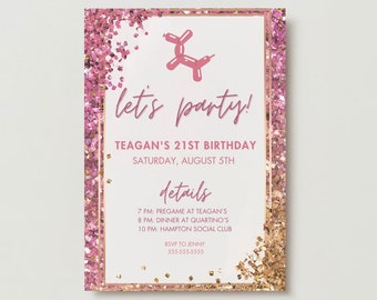 Pink & Gold Sparkly 21st Birthday Invitation, Editable Template (Digital)