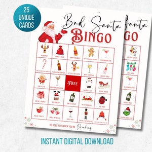Christmas Bingo Bad Santa Edition, Giochi per feste di Natale per adulti, Giochi per cocktail party di Natale, Download istantaneo, Bingo di Natale stampabile