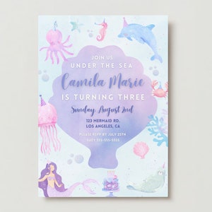 Editable Mermaid Under the Sea 3rd Birthday Party Invitation, Purple, Printable Digital Templates