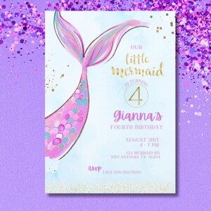 Mermaid Birthday Invitation, 4th Birthday, Mermaid Party Invite, Mermaid Theme, Editable Invitation, Digital Template, Purple Mermaid