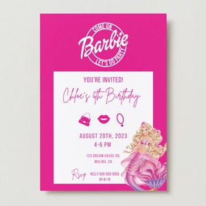 Editable Mermaid Pink Doll Birthday Party Invitation, Digital Template
